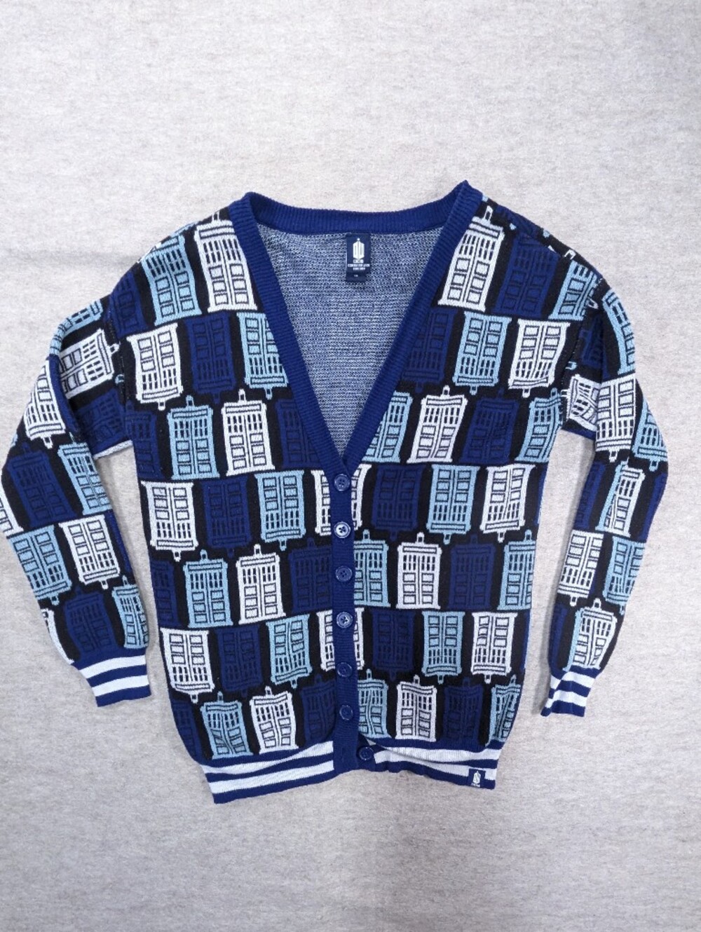 Dr Who Tardis Police Box BBC Show V Neck Cardigan Blues Unisex Size Small